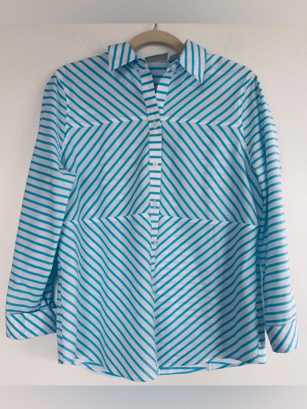 Chico's Aqua and White Striped Button-Down Blouse, No Iron - Picture 3 of 4